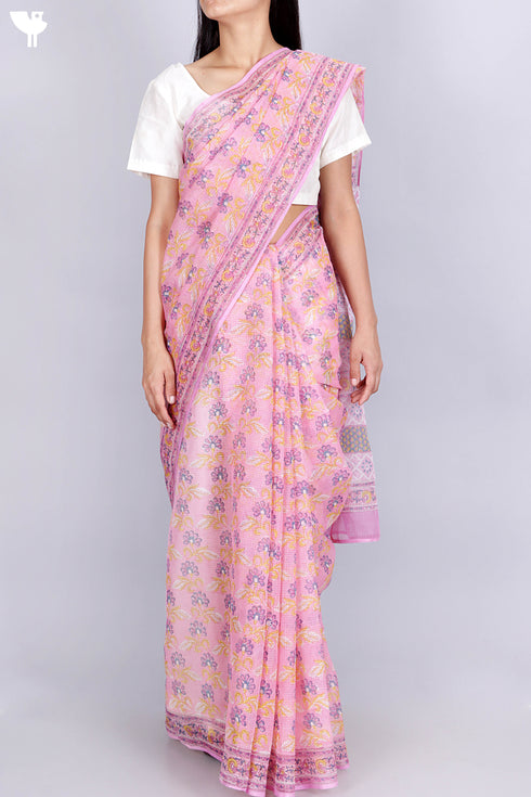 Kota Doria Saree In Floral Block Print